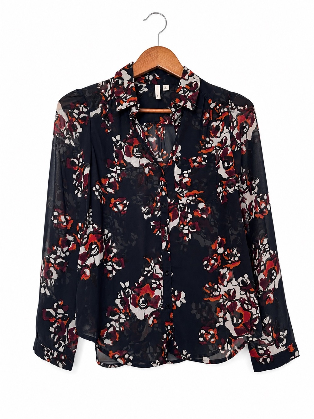 Frenchi Navy Floral Button-Front Blouse with Red and White Blooms